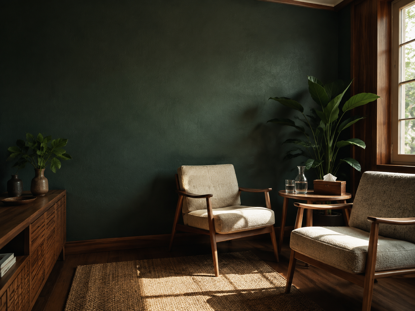 Consultório acolhedor com duas poltronas e iluminação natural